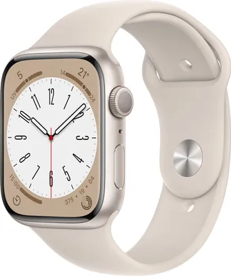 A close-up studio shot of an Apple Watch Series 8 with a beige sport band.