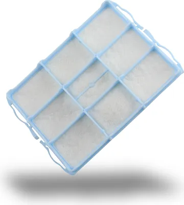 A blue and white vacuum cleaner filter, angled and shown from above.