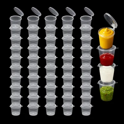 Produktbild von Kleine Plastikbehälter mit Deckel, 25 ml, 50 Stück, für Saucen und Dips