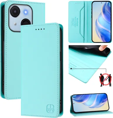 Image de Etui en cuir pour itel A50C, étui à rabat avec fentes pour cartes, portefeuille et support Turquoise