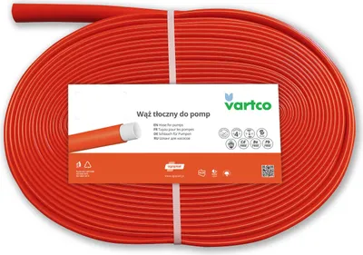 A coiled red hose is displayed on a white background, with a label in the center providing product information.