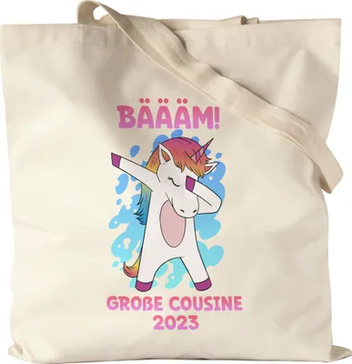 Produktbild von Bäääm Große Cousine 2023 Jutebeutel Einhorn Schwangerschaft Ankündigung Babyparty Babyshower Cousin & Cousine