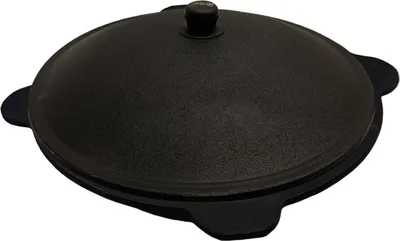 A black cast iron kazan with a lid, shown from a slightly elevated angle on a white background.