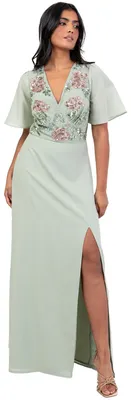 Produktbild von Maya Deluxe Damen Maxikleid, Damenmodell mit V-Ausschnitt, Engelärmeln und floralen Applikationen