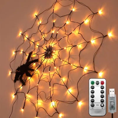 Spinnennetzlampe mit 70 LEDs, Fernbedienung, 8 Modi, Halloween-Deko