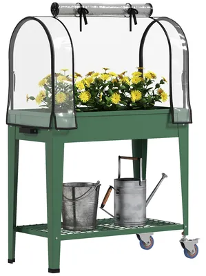 Produktbild von Hochbeet auf R?dern, Gew?chshaus mit Deckel und unterer Ablage fš¹r Pflanzen, 80 x 40 x 120 cm, grš¹n