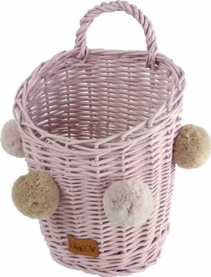 Image de WikliBOX - Panier mural, panier décoratif rose avec pompons - 17x20x30H