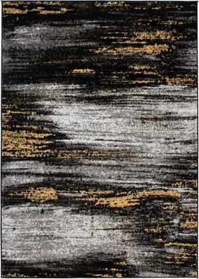 A close-up abstract pattern of a rug with horizontal brush strokes in black, gray, and gold.