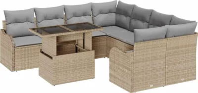 Image de Ensemble de canapés de jardin vidaXL avec coussins (9 pièces), beige, en polyrotin