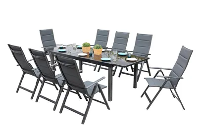 Produktbild von Merxx Gartenmöbel Set Taviano 9tlg., 8 Klappsessel, Ausziehtisch 140 (200) x 90 cm - Aluminium/Textil