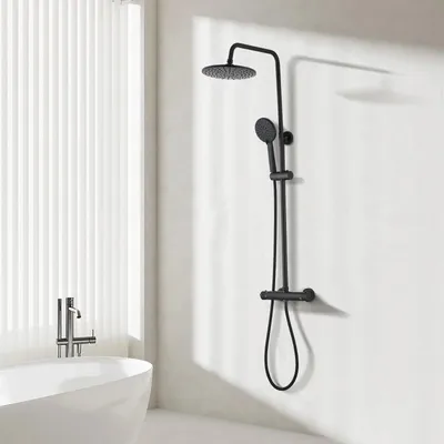 Produktbild von Thermostatische Duschsäule Duschsäule 38°C Duschsäule Duschsystem mit rundem ABS Duschkopf Höhenverstellbar Regendusche Schwarz