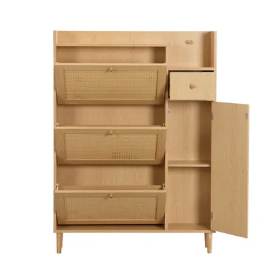 Produktbild von Schuhschrank, 90/17/125 cm, schmaler Schuhkipper mit Schubladen, Türen, offenen Fächern, Haken und 3 Klappen