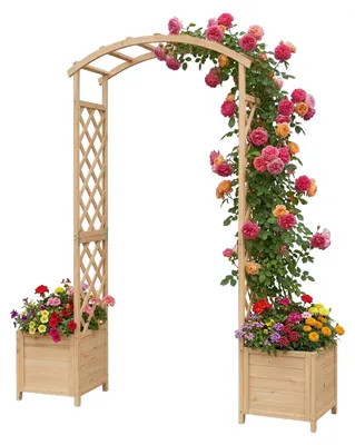 Produktbild von Relaxdays Rosenbogen, Rundbogen mit 2 Pflanzkästen, HxBxT: 206 x 180 x 40 cm, Gartenbogen, Rankhilfe, Tannenholz, natur