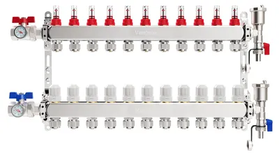 Fußbodenheizungsverteiler, 11 Kreise, 210-235 mm, Eurokonus, 5 l/min