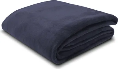 A folded dark blue blanket is shown on a white background.