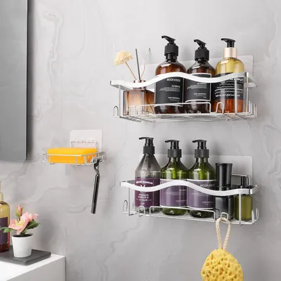 Produktbild von Duschwannenhalter mit Seifenbehälter - Badezimmer Wandablage - 3 Stück - Silber - Edelstahl