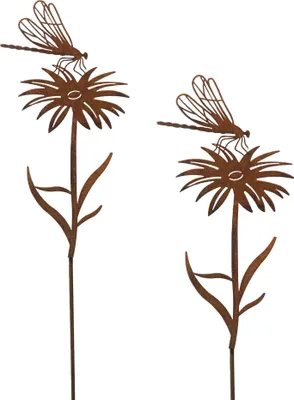Produktbild von Gartenstecker 2er Set Libelle auf Blume Metall Rost Gartendeko Edelrost rostige Deko Beetstecker Insekt