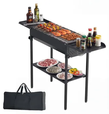 Produktbild von Holzkohlegrill - Klappgrill - Höhenverstellbar - Klappbare Seitentische - Mit Tragetasche - Hitzebeständig - Pulverbeschichtet - Für Camping & Garten