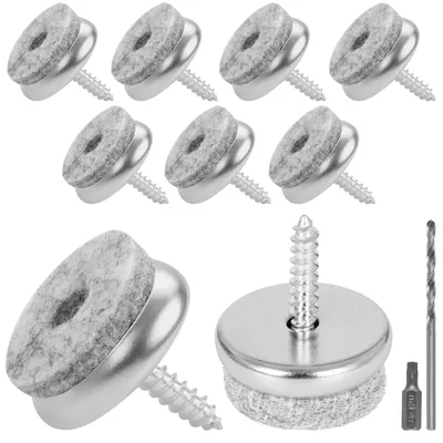 A collection of screw-in felt pads for furniture legs, along with a drill bit and a Torx bit.
