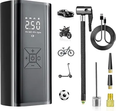 Obrázek produktu pro Elektrický kompresor – přenosný kompresor s digitálním LCD displejem – kompresor pro pneumatiky, motocykly, kola, míče a plavecké kruhy