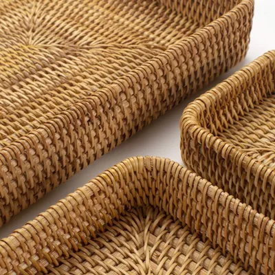 Obrázok produktu pre Sada 3 ratanových podnosov, obdĺžnikový podnos s košíkom, prírodné tkané dekoratívne servírovacie košíky na usporiadanie kuchynskej dosky