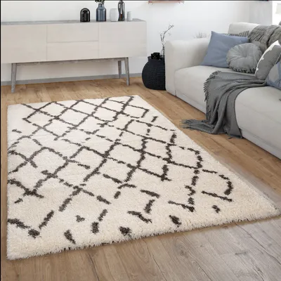 Produktbild von Hochflor Teppich Wohnzimmer Shaggy Langflor Skandinavisches Rauten Muster Modern Grösse 60x90 cm