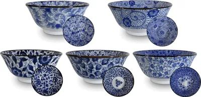 Produktbild von [ HANA NIHON ] 5 Schalen Ø 14.8 cm JAPAN / in 5 verschiedenen Dessins BLAU/WEIß