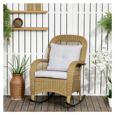 Produktbild von Rattan Schaukelstuhl mit Kissen, Gartenstuhl mit waschbaren Polsterbezügen, Loungemöbel für Garten, Terrasse und Hinterhof, Gelb, 69 x 92 x 100 cm