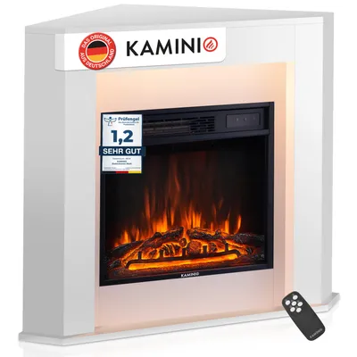 Produktbild von KAMINIO Elektrokamin MATTI - Elektrischer Eckkamin mit Heizung, 3D-Flammeneffekt, LED-Ambientelicht, Fernbedienung - Ecke, Weiß