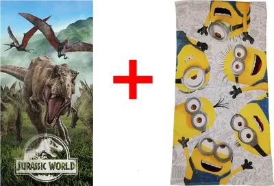 Produktbild von Jurassic World T-Rex + Minions Stuart, Carl, Tim Dave, Jerry, Tom, Badetuch, Strandtuch Handtuch, 70 x 140 cm, 100% Baumwolle - 2er-Geschenkset