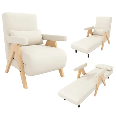 A collage of a cream-colored convertible armchair, shown in its upright armchair form and two reclined chaise lounge configurations.