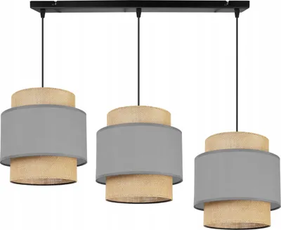 Produktbild von Boho Hängelampe - Deckenlampe - Pendelleuchte aus Metall mit Lampenschirm aus Stoff - E27 - 3-Flammig - Grau und Jute