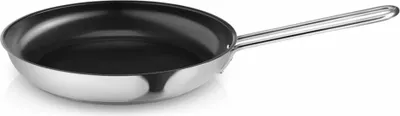A stainless steel frying pan with a black interior, shown from a side angle on a white background.