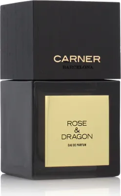 A black perfume bottle with a gold label.