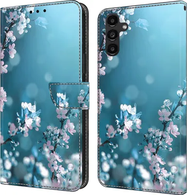 Produktbild von CLM-Tech Hülle kompatibel mit Samsung Galaxy A14 5G - Tasche aus Kunstleder - Klapphülle mit Ständer und Kartenfächern, Pflaumenblüte blau