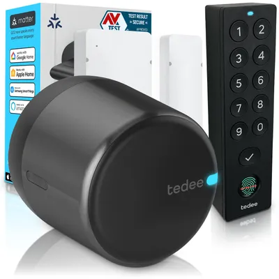 Obrázek produktu pro Tedee GO2 Alu s Keypad PRO a senzorem dveří – Chytrý zámek, otisk prstu, PIN kód, bezpečné zamykání, bezklíčový vstup, Matter, Apple HomeKit, Alexa