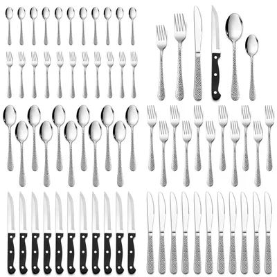 Besteckset 72-teilig mit Steakmessern, Edelstahl, silber