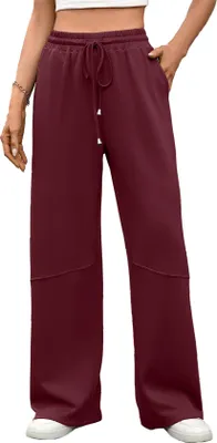 Produktbild von ASKSA Damen Jogginghose Baggy High Waist Weitem Bein Sporthose Bequeme Lang Traininghose Mit Taschen (Weinrot,L)