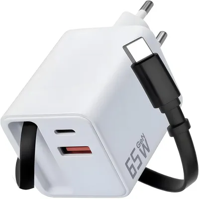 Produktbild von 65W GaN Schnellladegerät Kompatibel, 3-Port USB C Netzteil mit Integriertem Einziehbarem Kabel, für MacBook iPhone Samsung Huawei Xiaomi etc