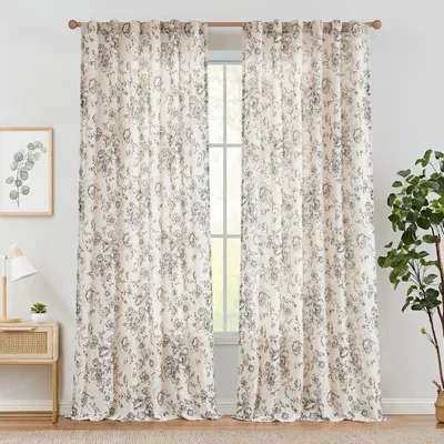 Imagen del producto de Omgoods - Cortinas de lino con estampado floral, ideales para cocina, salón y dormitorio, juego de 2 cortinas cortas