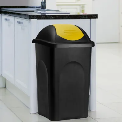 Image de DEUBA® Poubelle avec couvercle basculant 60L noir/jaune poubelle de cuisine 68x41x41cm corbeille déchets tri sélectif ordures