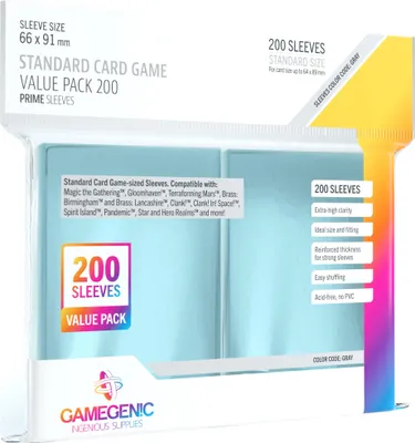 A product package of card game sleeves, showing the packaging and the sleeves inside.