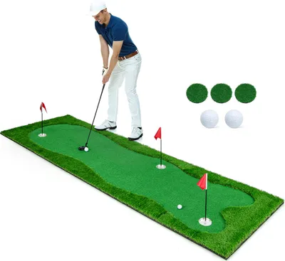 Produktbild von GOPLUS Golf Puttingmatte 3 x 1 m, Golftrainermatte mit 3 Löchern, 3 Flaggen und 3 Golfbälle, Golfmatte Übungsmatte
