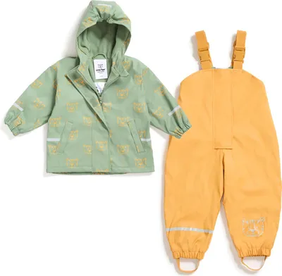 Produktbild von Regenanzug-Set für Kinder bestehend aus Regenhose und Regenjacke | mit Fleece gefüttert |  | winddicht | wasserdicht | mit Kapuze | Kinder Matsch und Buddelanzug für Jungen und Mädchen [grün-gelb, 122-128 (7-8 Jahre)]