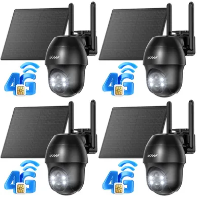 Image de Lot de 4 caméras de surveillance 4G LTE avec carte SIM, caméras solaires d'extérieur, 2K, PTZ 360°, surveillance sans fil avec batterie, caméras d'extérieur sans Wi-Fi, vision nocturne couleur