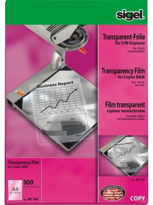 Produktbild von SIGEL KF545 Overhead-Folien für S/W-Kopierer, transparent, stapelverarbeitbar, beids. bedruckbar,100 µm, A4, 100 BL