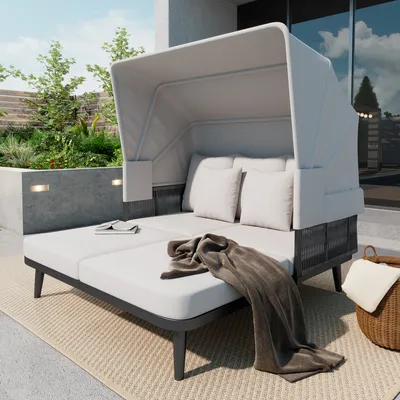 Produktbild von MERAX Gartenliege aus verzinktem Stahl und handgeflochtenem Seil Sonneninsel Sitzgruppe Gartenmöbel Gartenlounge-Set für 2-4 Personen