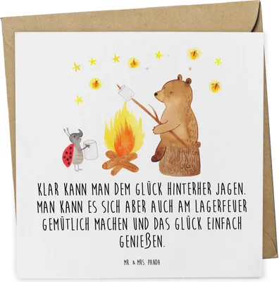 Produktbild von Mr. & Mrs. Panda Klappkarte Bär & Marienkäfer Lagerfeuer - Weiß - Geschenk, Teddy, doppelkarte, anlasskarte, Glückwunschkarte, Grußkarte, faltkarte