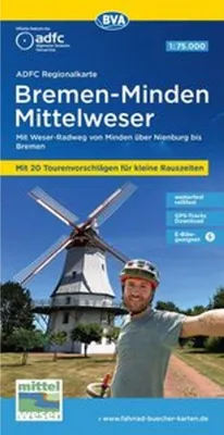 Obrázok produktu pre Regionálna mapa ADFC Bremen-Minden Mittelweser, 1:75 000, s návrhmi jednodňových výletov, odolná voči roztrhnutiu a poveternostným vplyvom, vhodná pre e-biky, GPS stopy na stiahnutie