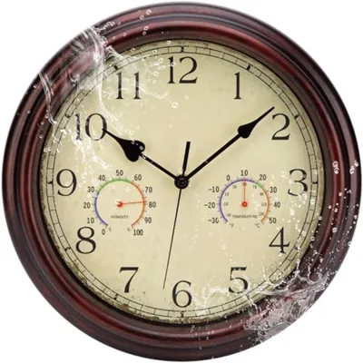 Productafbeelding van PromoHome® 30 cm waterdichte wandklok voor buiten, met thermometer en hygrometer - geruisloos, zonder tikgeluid, op batterijen - retro bruin